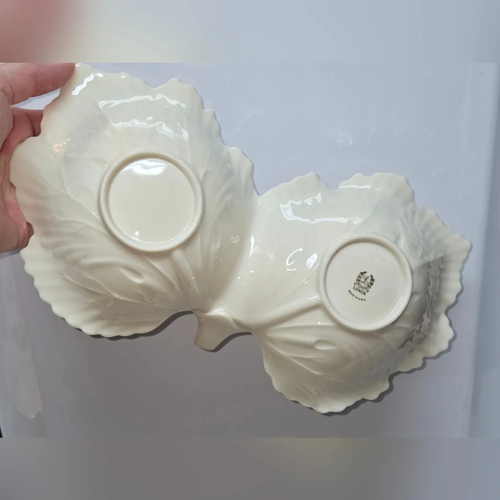 Lenox Double Cabbage Leaf Handled Porcelain Candy Nut Dish Bowl